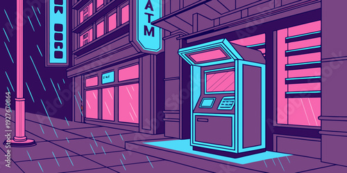 A futuristic cityscape with a prominent blue and white vending machine in the foreground. Vector