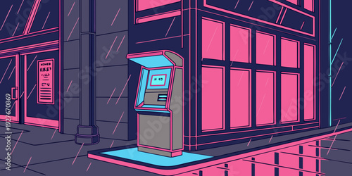 A vibrant cityscape showcasing a modern building with a unique red facade and a blue car parked nearby. Vector