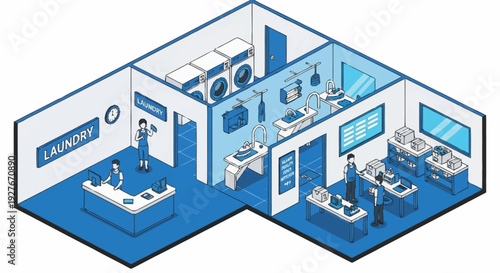 Isometric illustration of a laundry facility with various rooms and equipment.