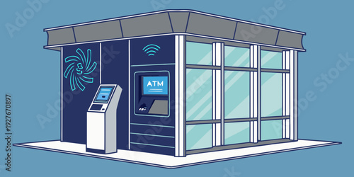 A modern bank branch with a person using an automated teller machine outside. Vector