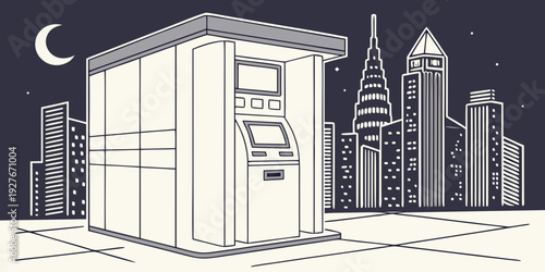 A minimalist illustration of a refrigerator standing tall amidst a cityscape. Vector