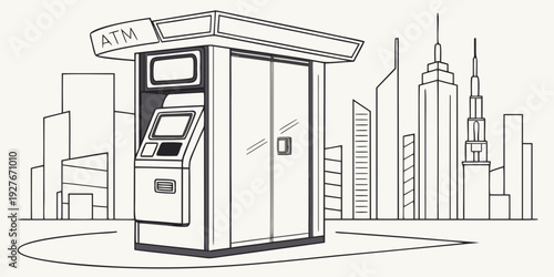 A vintage payphone booth stands amidst a modern cityscape with skyscrapers Vector