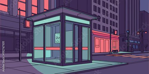 A futuristic cityscape with a prominent building featuring a large screen and neon lights. Vector