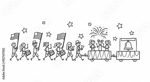 Simple drawing of a festive parade with children marching with flags and drums