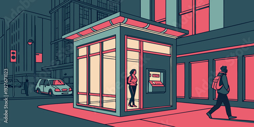 A vibrant and bustling street scene with a colorful building and neon lights. Vector