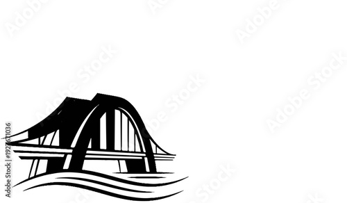 Stylized black and white graphic of a modern arched bridge over stylized water waves