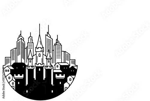Stylized black and white cityscape blending historic towers with modern skyscrapers