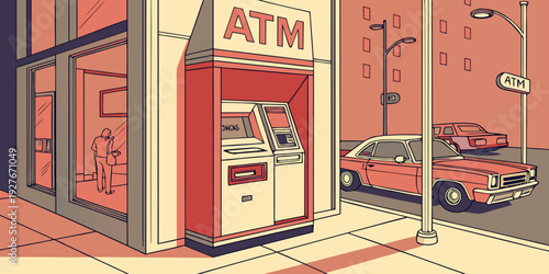 A vibrant street scene showcasing a variety of shops and parked cars Vector