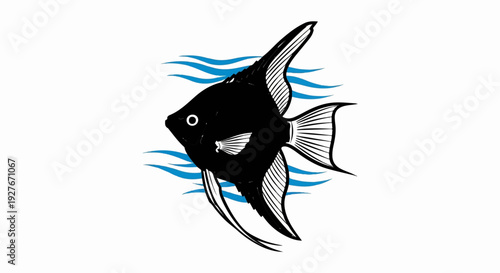 Stylized black angelfish swims through blue waves