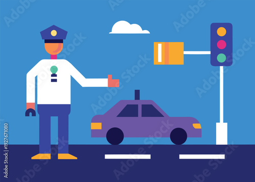 A traffic policeman in a white shirt directs a purple car at a red traffic light on a blue background.