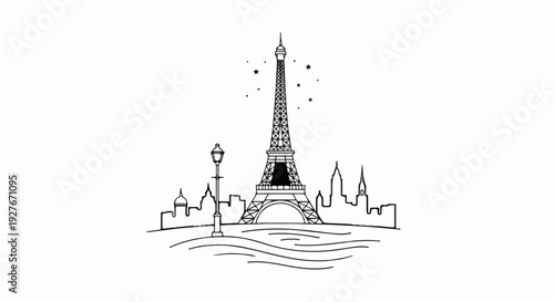 Stylized black ink sketch of a city skyline with a prominent tower