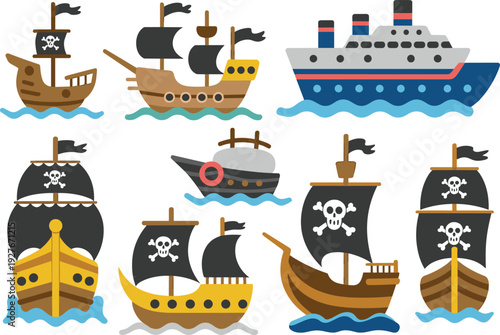 Silhouette collection of pirate ships and modern vessels, cruise ship vector illustration, maritime design icons, nautical transport art elements