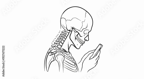 Stylized skeleton engrossed in a mobile phone, skeletal neck bent