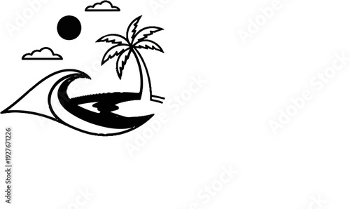 Stylized tropical island with palm tree, sun, clouds, and crashing wave