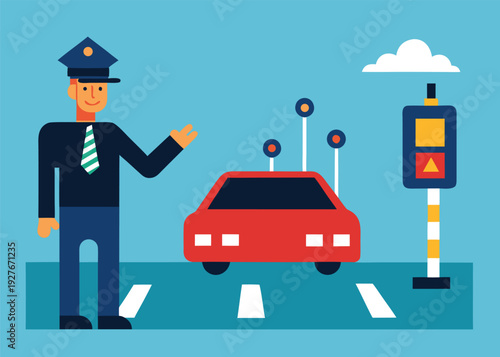 A smiling human traffic policeman directs a red autonomous car at an orange traffic light under a small cloud.