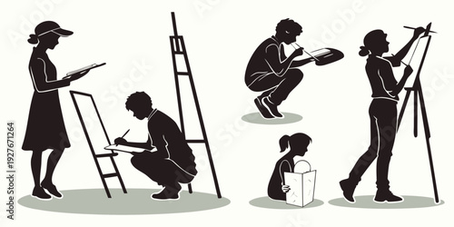 Illustration of four people engaged in various artistic activities. Vector