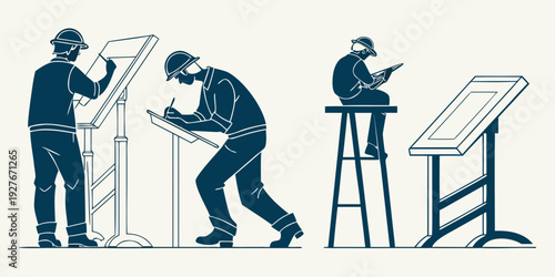 Three people working together on a large project with art supplies and a ladder Vector