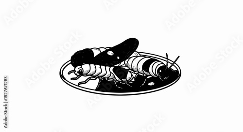 Three insects and a dark, elongated object on a plate