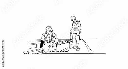 Two construction workers in hard hats and vests measure and mark the ground