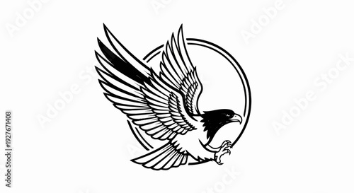 A black and white graphic of a bird of prey in flight with wings spread wide