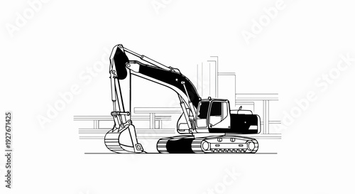 A black and white illustration of a large excavating machine with a bucket