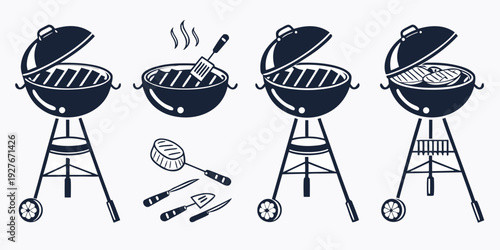 Four barbecue grills with different tools and food items illustrated Vector