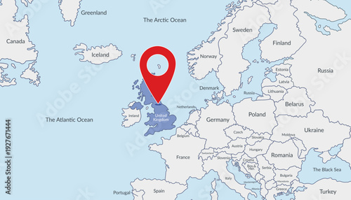 United Kingdom on the Europe map with pin location marker. Vector flat template.