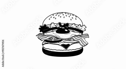 A black and white line drawing of a layered breakfast burger with bacon and egg