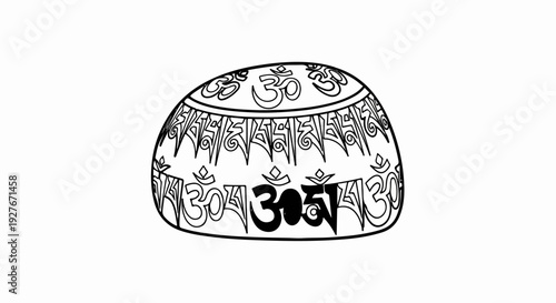 A black and white line drawing of a rounded object adorned with spiritual symbols
