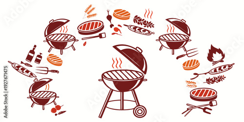 Assorted grilled meats and vegetables arranged in a circular pattern on a grill Vector