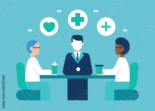 Three executives and medical professionals collaborate at a table with heart and plus symbols above them.