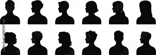 Silhouette human head profiles, diverse hairstyles, black outline faces, side view portraits, diversity concept, psychology study, design illustration, identification