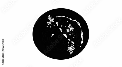 A circular black and white illustration of a rich dish with garnishes