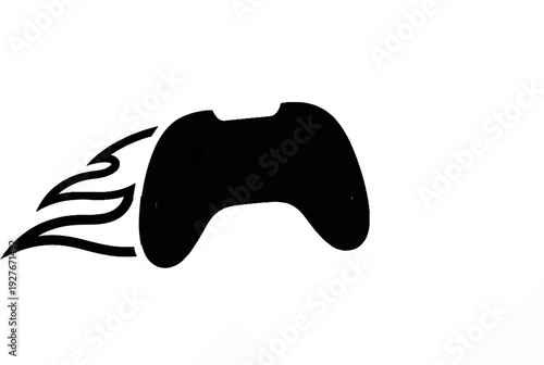 A black video game controller with fiery trails emanating from the left side