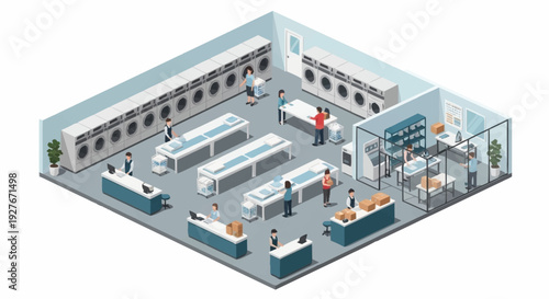 Isometric illustration of a modern laboratory with various equipment and personnel.