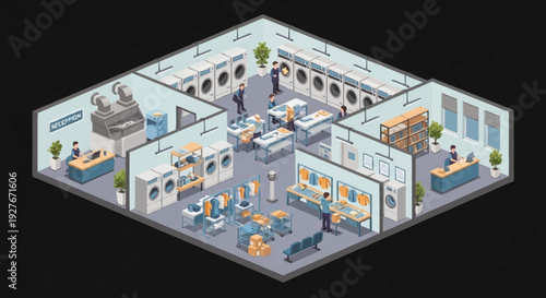 Isometric illustration of a modern office building interior with various workspaces and amenities.