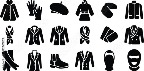 Fashion clothing icons illustration, winter apparel accessories set, coats jackets gloves scarves hats shoes, black silhouette wardrobe vector collection