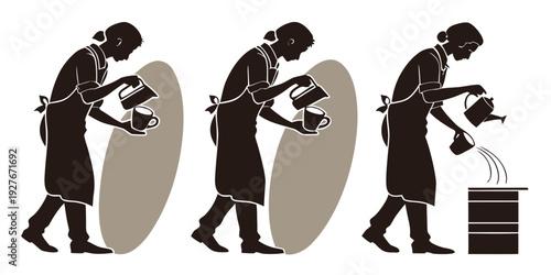 A series of silhouettes depicting a person engaged in various activities with a large cylindrical object. Vector