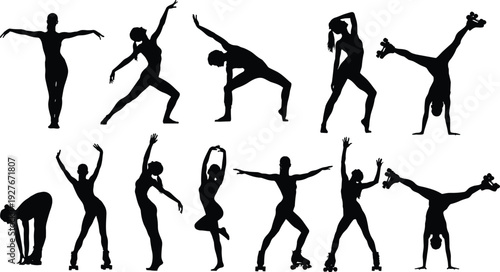 Silhouettes of dancers and skaters in dynamic poses, artistic movement illustration highlighting gymnastics, roller skating, balance, performance, and expressive body motion vector design