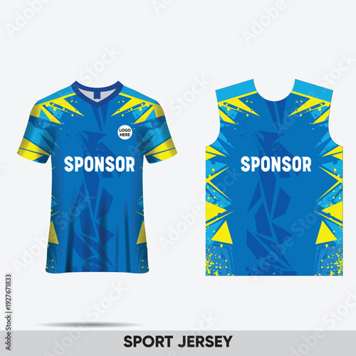 Front and back view of blue and yellow abstract geometric pattern sport jersey and sleeveless shirt with "SPONSOR" text, isolated on light gray background