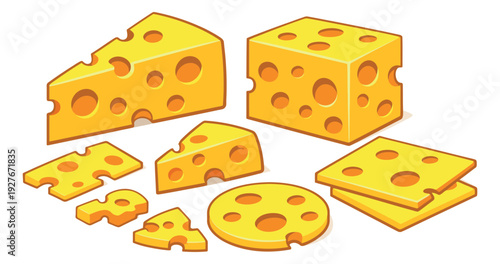 Cartoon style cheese set featuring blocks, wedges, and slices for food and snack designs