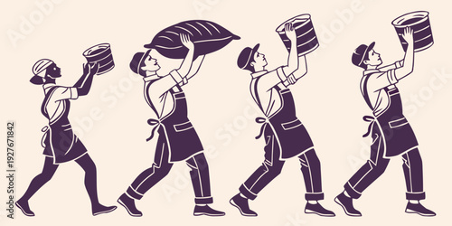 Children walking in a row carrying umbrellas in a vintage illustration Vector