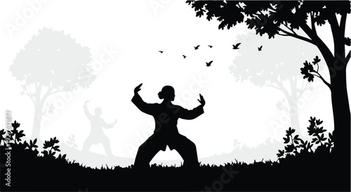 Practicing Tai Chi in Nature Serene Silhouette of Harmonious Movement and Outdoor Tranquility
