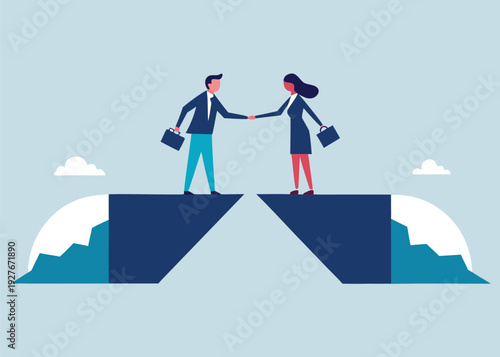 A business man and woman shake hands across a bridge gap with abstract mountain shapes below.