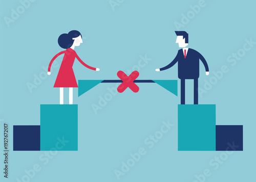 A business man and woman stand on ledges attempting to connect a broken bridge with a red X.