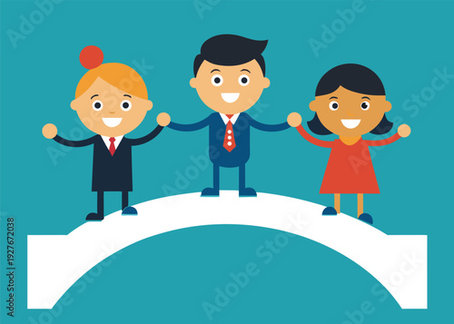 Three joyful business people stand on a white bridge with their arms raised in celebration.