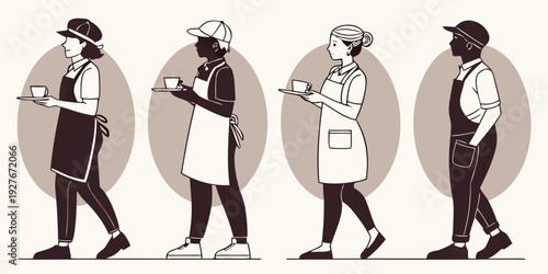 Four people walking in a line with various expressions and postures Vector