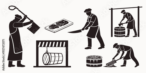 A collection of black and white illustrations depicting various types of labor. Vector