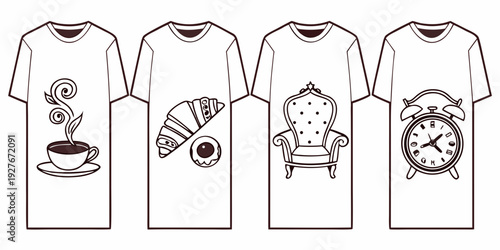 Five white t-shirts with unique graphic designs on each one Vector