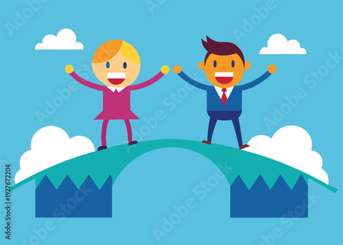 Two joyful business people stand on a bridge with arms raised against a blue sky with clouds.
